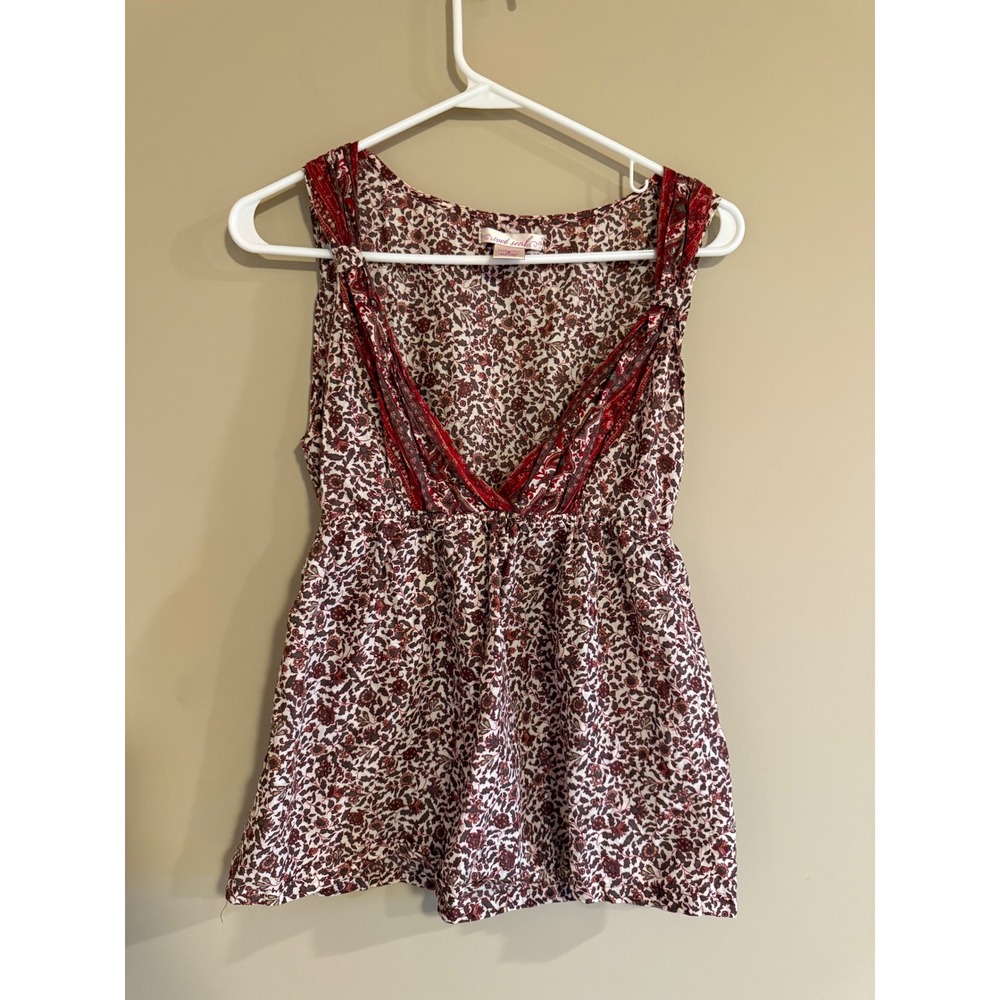 Wet Seal Floral Babydoll Top Womens Small Burgundy Boho V-Neck Cotton Blouse